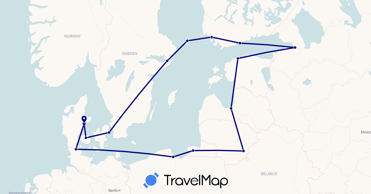 TravelMap itinerary: driving in Germany, Denmark, Estonia, Finland, Lithuania, Latvia, Poland, Russia, Sweden (Europe)
